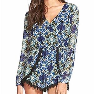 ASTR floral print crochet trim blue romper shorts